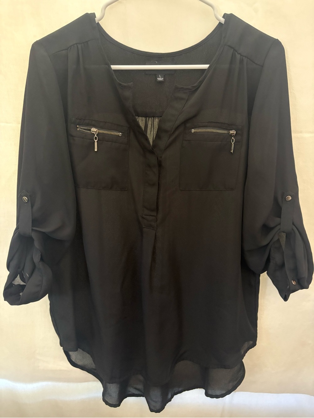 My Michelle Black V-Neck Blouse with Zip Chest Pockets